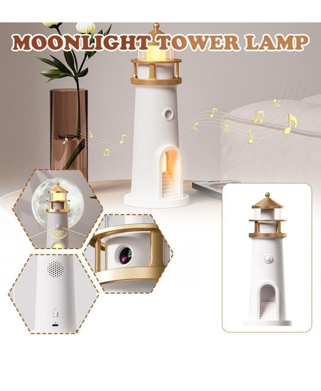 Moon Lighthouse Lamp Night Light - Moon Light Projector Lamp, LED Moonlight Lamp Galaxy Decor ,Music Motion Sensor, Rechargeable Table lamp with 4 Brightness Birthday Holiday Gifts for Kids, Boys, Girls