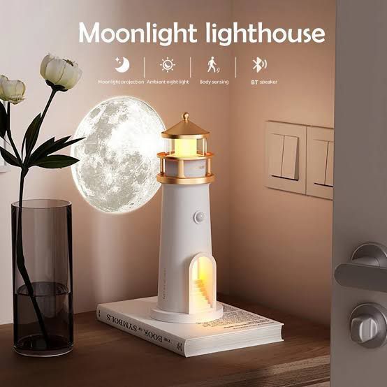 Moon Lighthouse Lamp Night Light - Moon Light Projector Lamp, LED Moonlight Lamp Galaxy Decor ,Music Motion Sensor, Rechargeable Table lamp with 4 Brightness Birthday Holiday Gifts for Kids, Boys, Girls