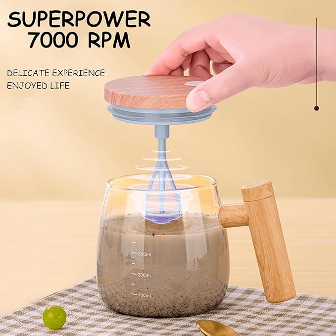Electric Self Stirring Mug with Lid | Corded Electric Coffee Frother & Stirrer | Auto Mixing Glass Cup for Coffee, Milk, Office Use